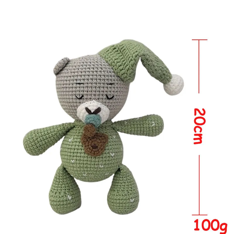 Handmade crochet stuffed bear toy in green yarn with a measurement of 20cm and weight of 100g