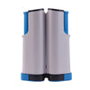 A pair of retractable table tennis net set with paddles and balls in white and blue.