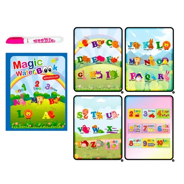 A set of colorful magic water coloring books featuring letters and numbers for toddlers.