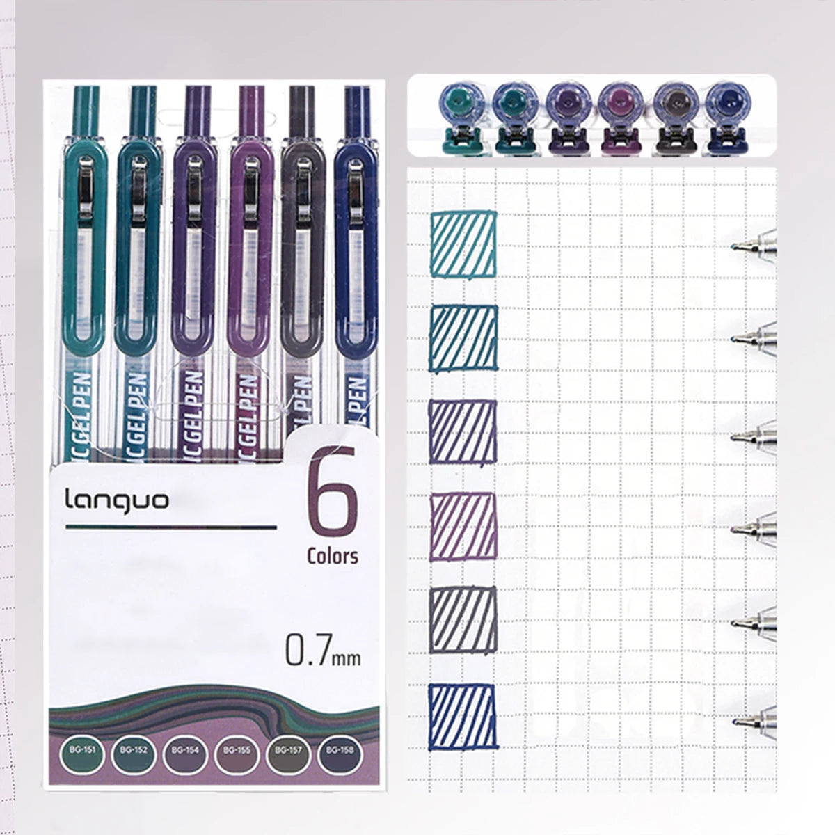 A pack of six retractable gel pens with 0.7mm tips in various colors, displayed next to a grid for writing practice.