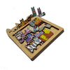 A wooden puzzle featuring various cat-shaped pieces with colorful patterns and designs.