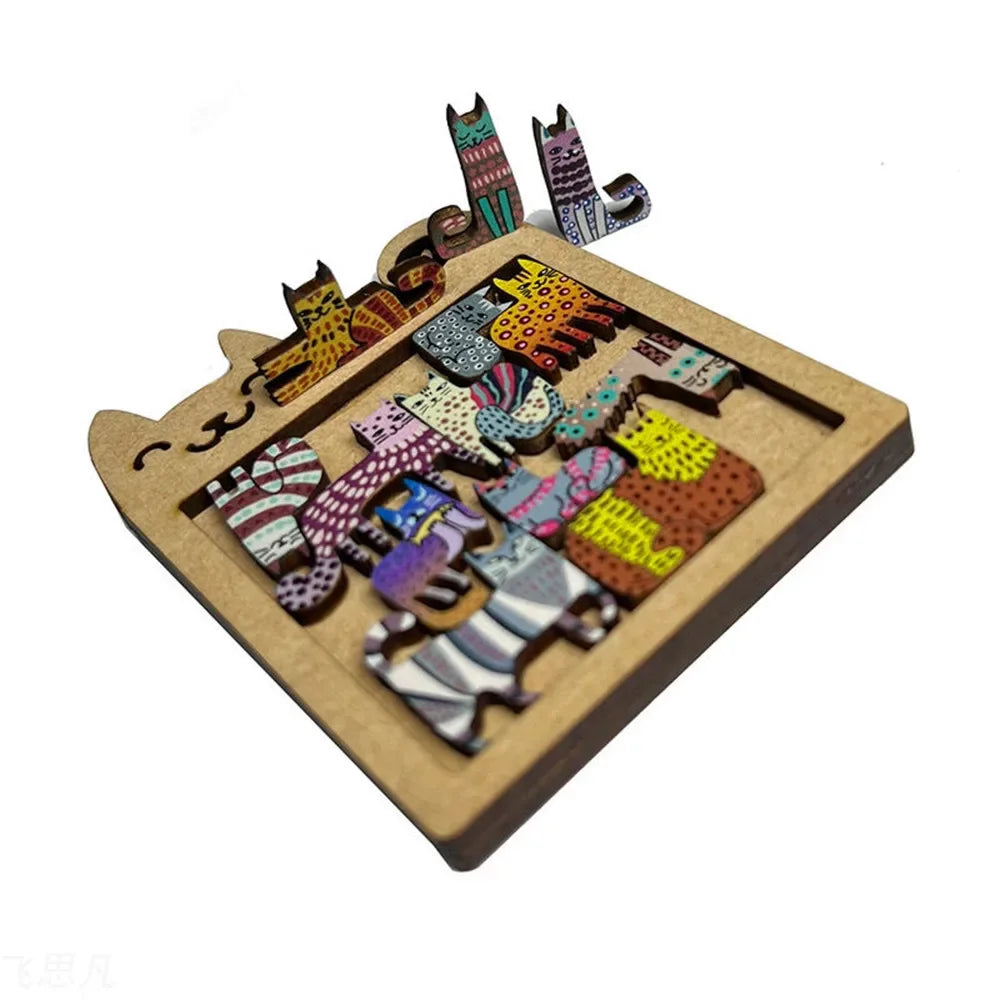 A wooden puzzle featuring various cat-shaped pieces with colorful patterns and designs.