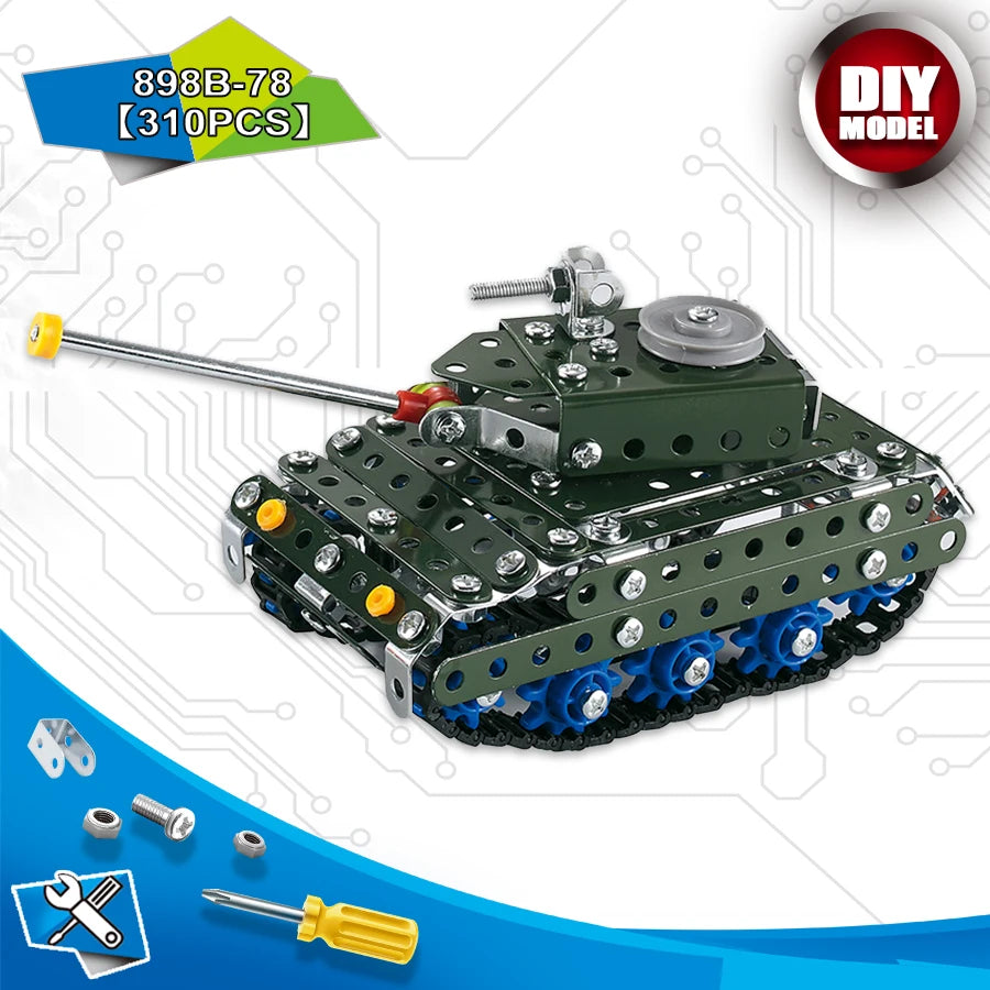 A model military tank kit featuring a green vehicle with metal components and included screwdriver tools.