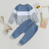 Toddler boys color block sweatshirt and pants set in blue gray and white