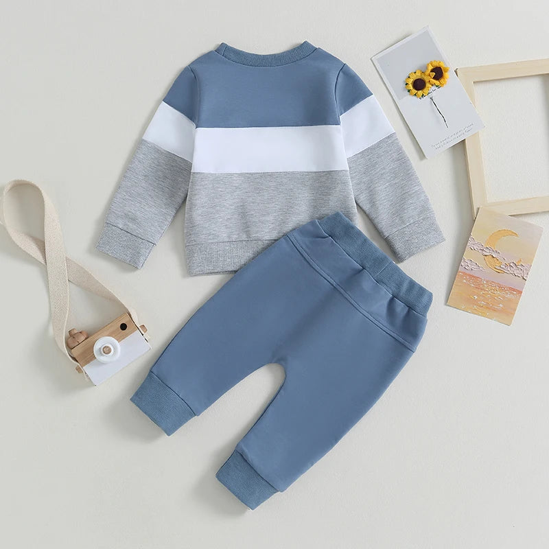 Toddler boys color block sweatshirt and pants set in blue gray and white