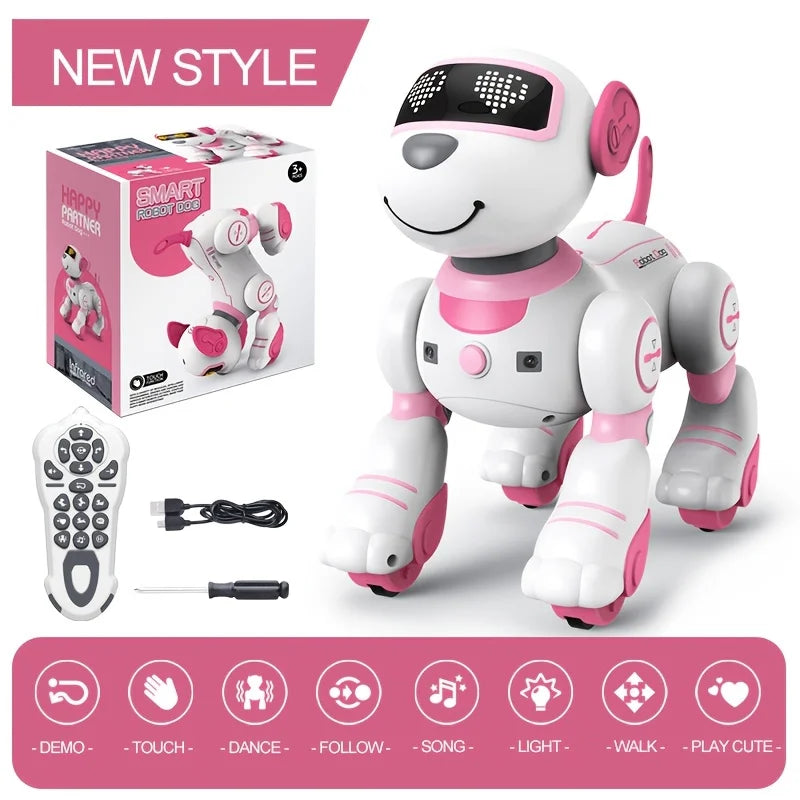 Un robot animal de compagnie interactif blanc et rose pour enfants avec accessoires de contrôle et emballage.