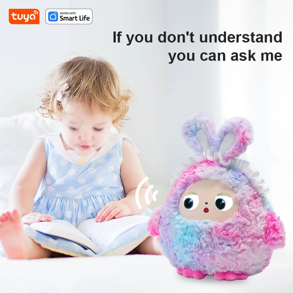 A fluffy purple and pink plush robot toy with large eyes sits next to a child reading a book.