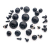 A collection of black plastic safety eyes with washers for crafting and stuffed animals