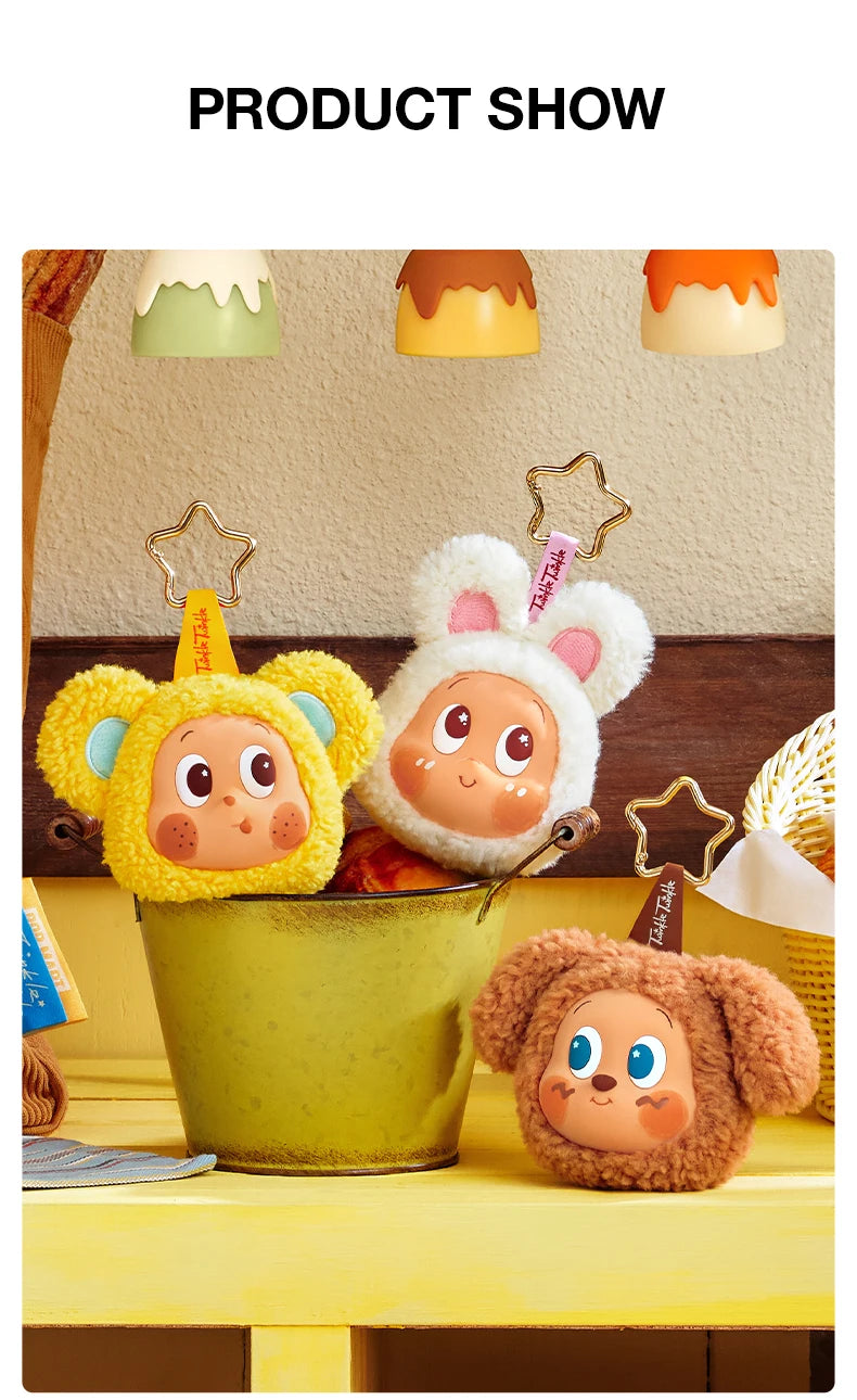 A yellow plush bear and a brown plush bear are displayed next to a green pot, with small colored lids in the background.