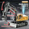 A yellow multi-joint excavator model with interchangeable attachments shown in a workshop setting.