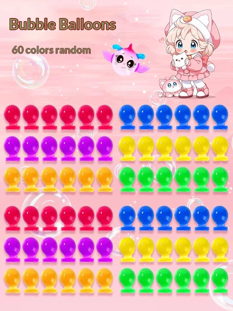 A collection of colorful bubble balloons and a character illustration showing how to use the kit.