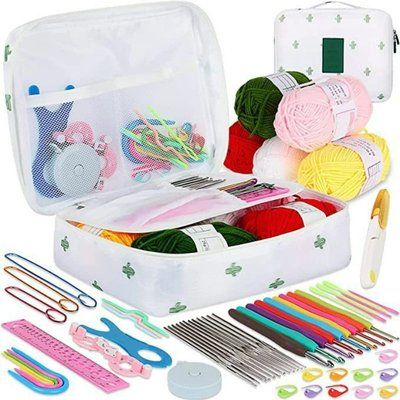 A white organizer case holds a 59-piece beginner crochet kit with various colored yarn and needles.