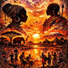 A vibrant sunset portrait featuring silhouettes of figures and a mountain against an orange and purple sky.