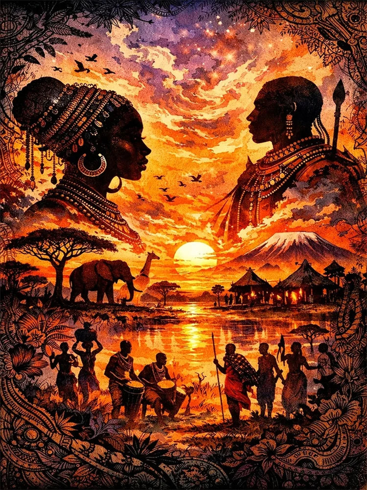 A vibrant sunset portrait featuring silhouettes of figures and a mountain against an orange and purple sky.