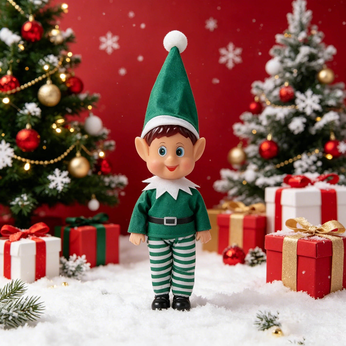 A festive elf decoration wearing a green hat and outfit stands in a snowy Christmas setting surrounded by wrapped gifts and a