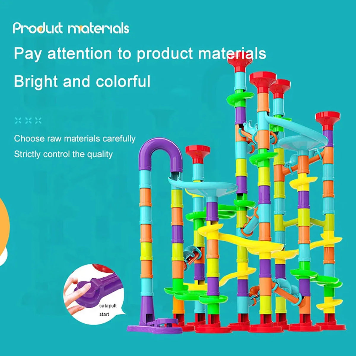 A colorful set of plastic marble run building blocks with various colored tubes and structures.
