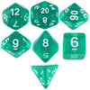 A set of transparent polyhedral dice showing various numbers and shapes.