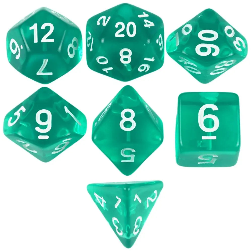 A set of transparent polyhedral dice showing various numbers and shapes.
