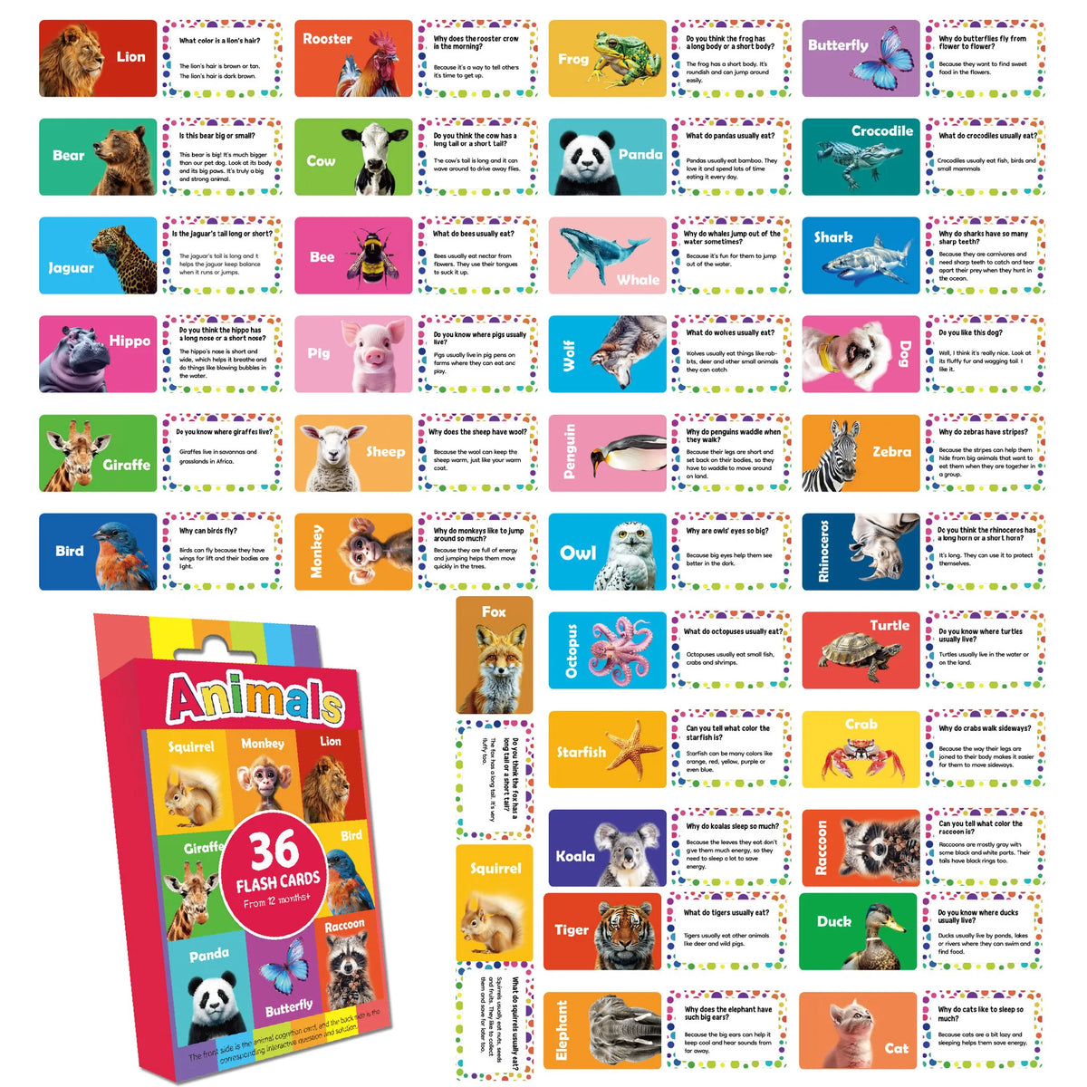 A box of 36 flash cards featuring animals, shapes, and colors for early learning.