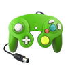 A green wired game controller for the Nintendo GameCube console.