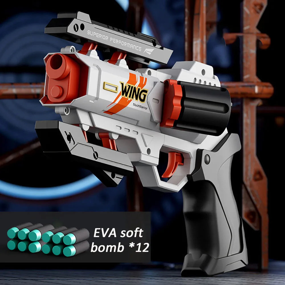 A white and orange foam bullet toy pistol with a rapid-fire action mechanism is shown against a dark background.