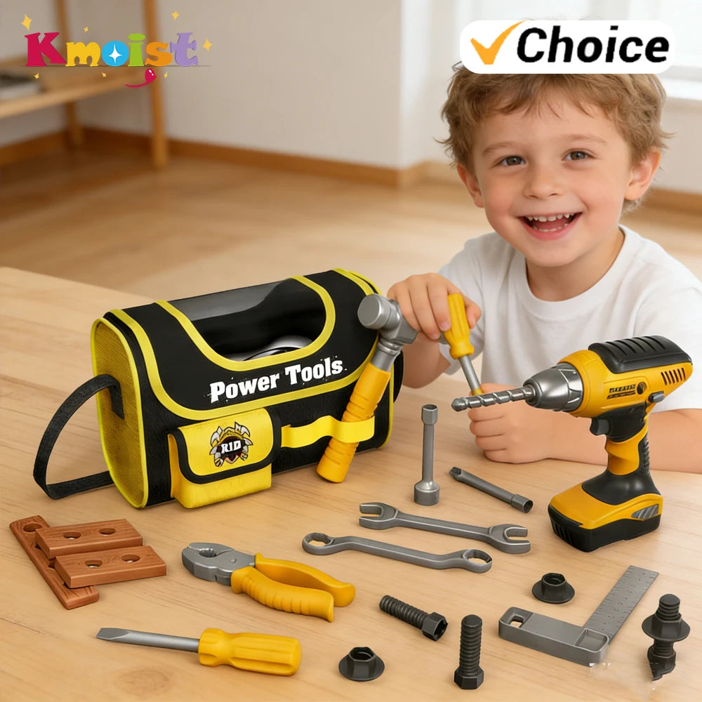A young boy is holding a yellow and black power tool box set with various toy tools on a wooden table.