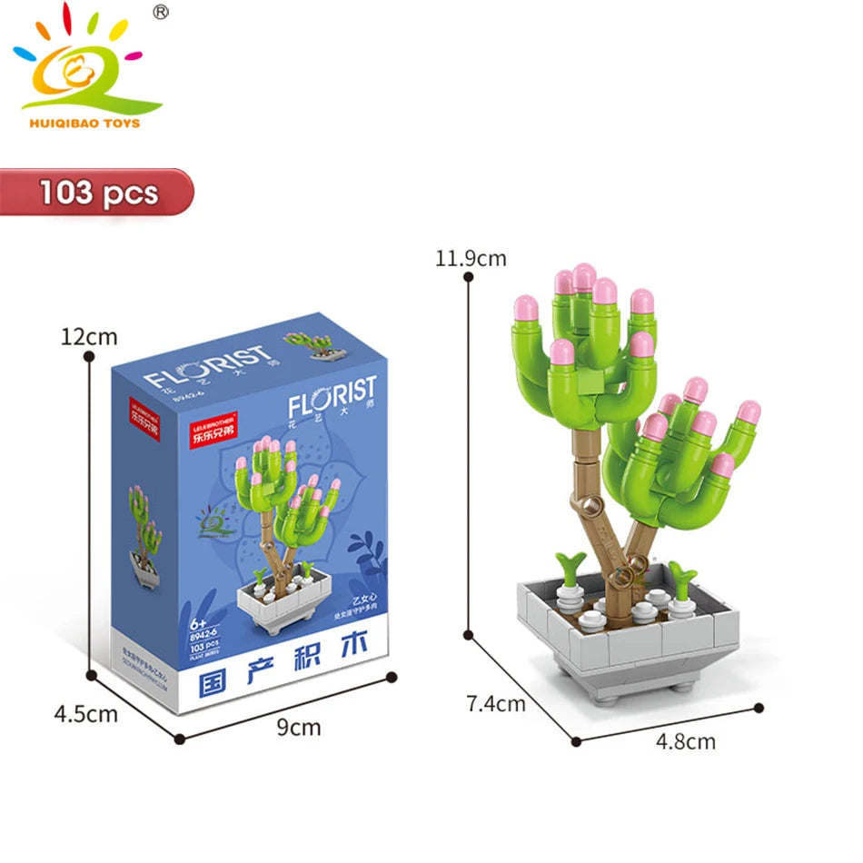 A set of 103 plastic flower succulent building blocks in green and pink colors for desktop plant decor.