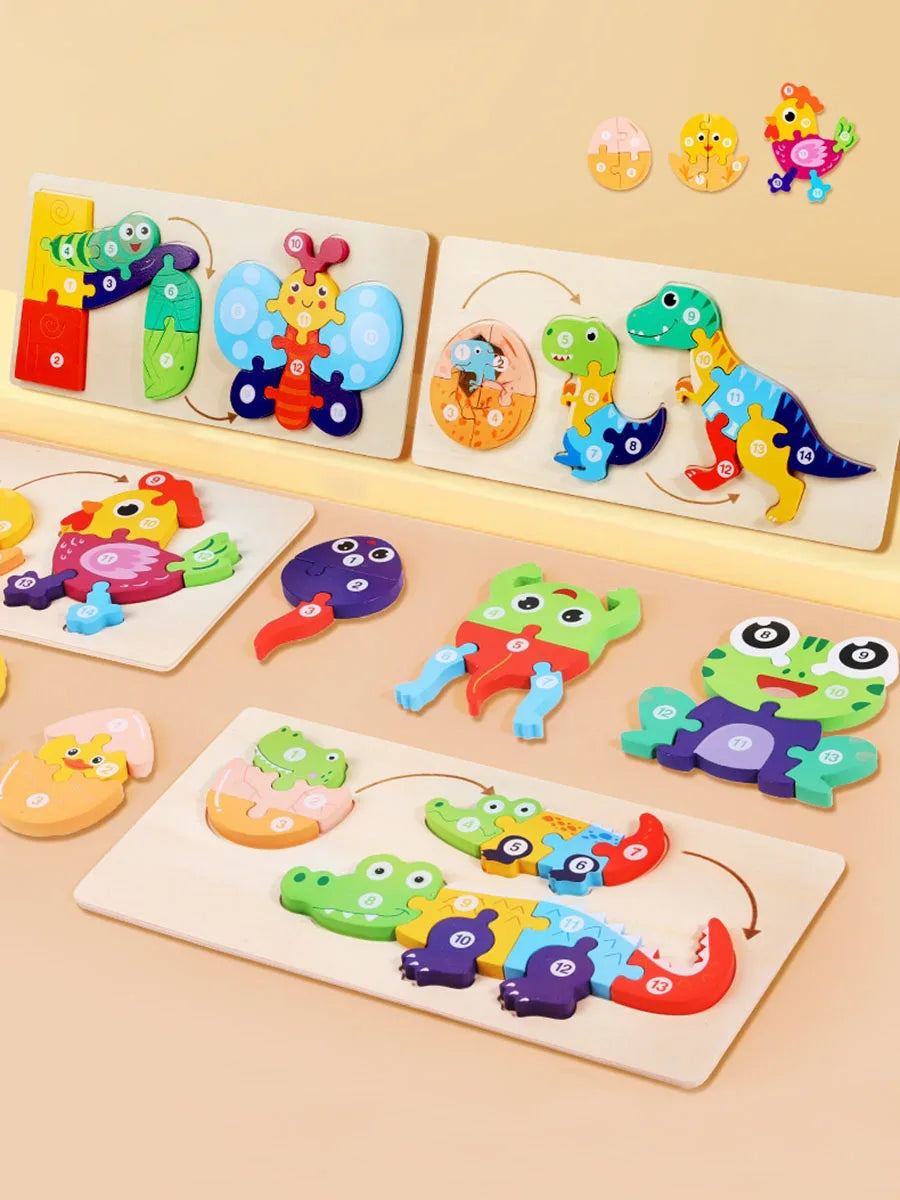 A set of wooden dinosaur puzzles featuring various cartoon dinosaurs in different colors and sizes.