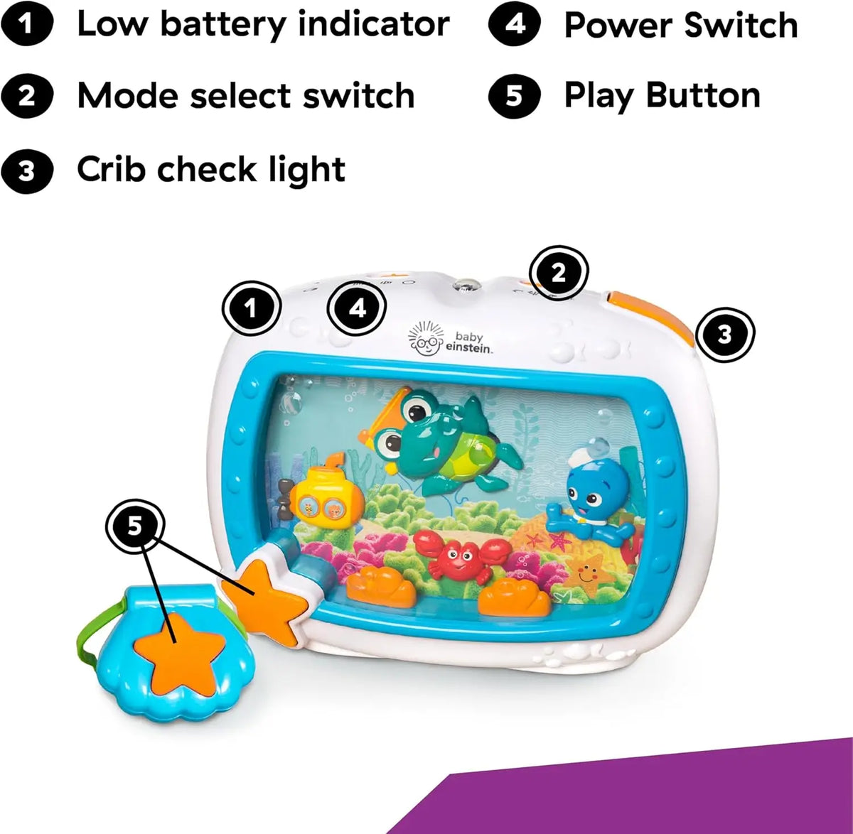 An ocean-themed crib soother featuring a clear window, various buttons, and colorful sea creatures.