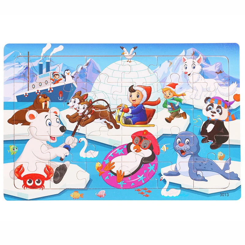 A 30-piece wooden jigsaw puzzle featuring various animals and vehicles, including bears, dogs, birds, and a polar bear.