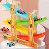 A wooden inertia race track toy set with colorful ramps and cars for children.