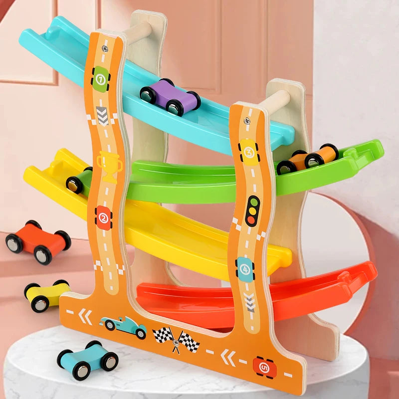 A wooden inertia race track toy set with colorful ramps and cars for children.