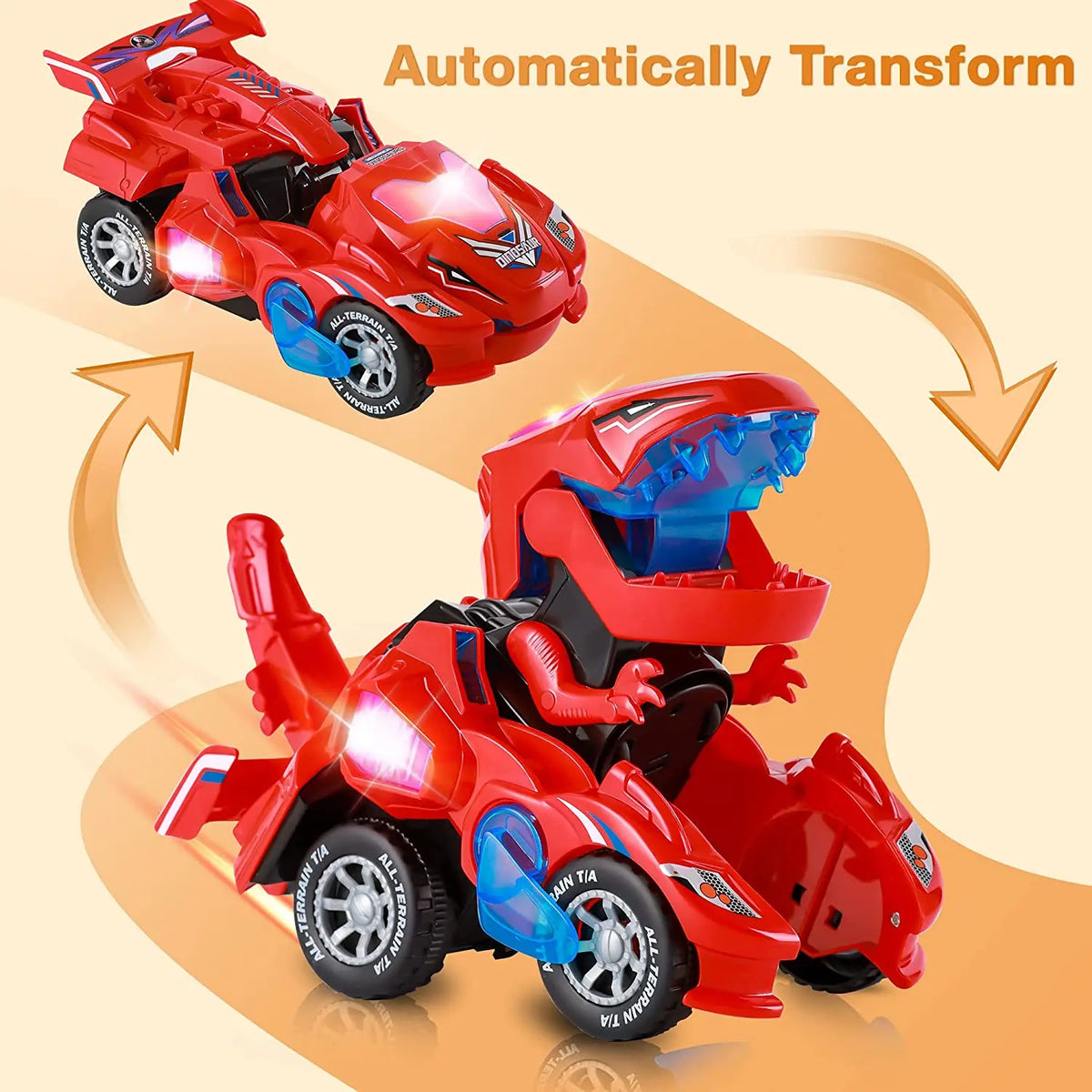 A red transforming dinosaur car toy is shown in its fully transformed mode.