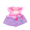 A pink and purple doll outfit set featuring a shirt with a cat print and a matching skirt.