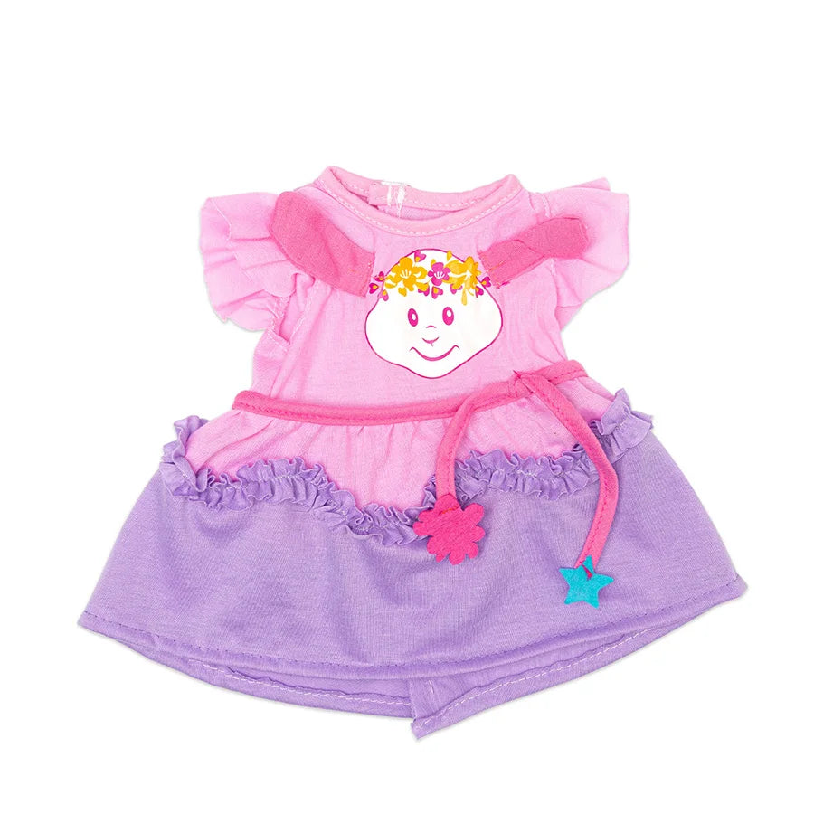 A pink and purple doll outfit set featuring a shirt with a cat print and a matching skirt.