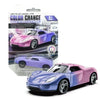 A pink and purple pull-back racing car model with a color change feature displayed on packaging.