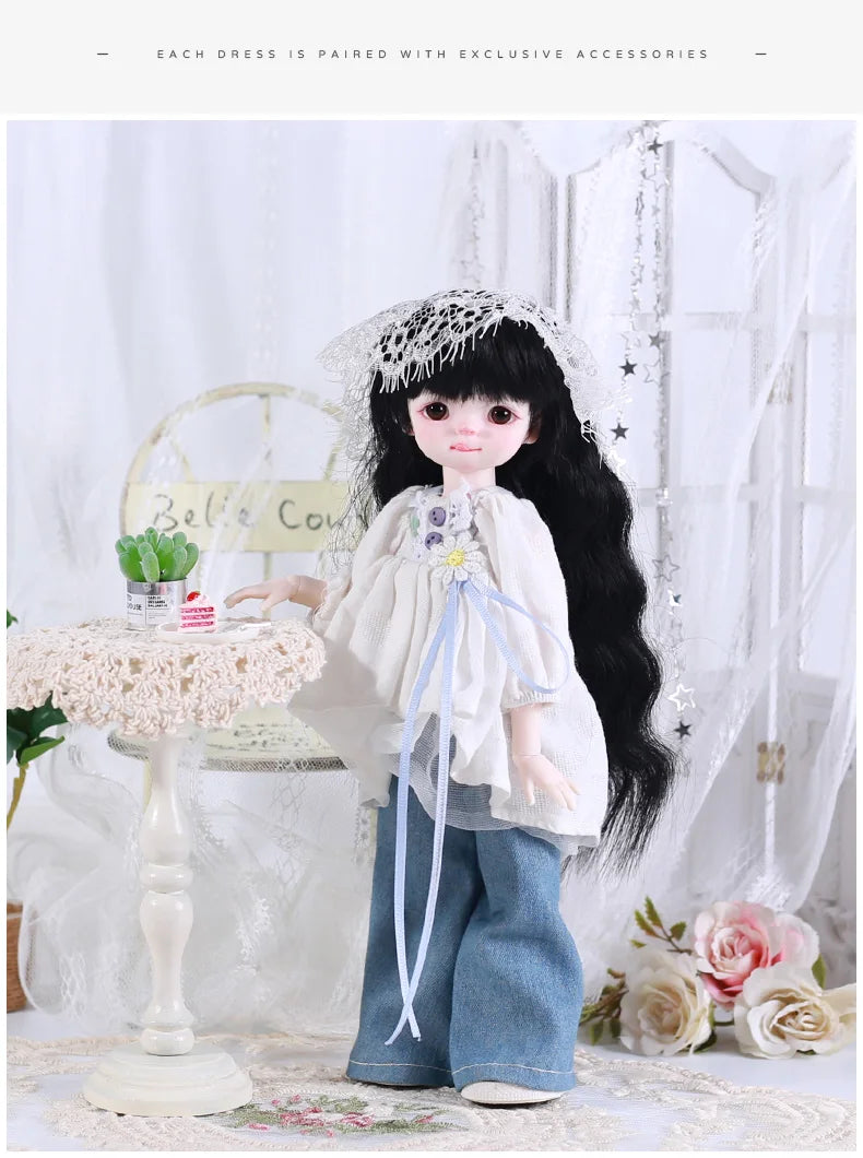 A princess doll dressed in a white outfit and veil, standing next to accessories and flowers.