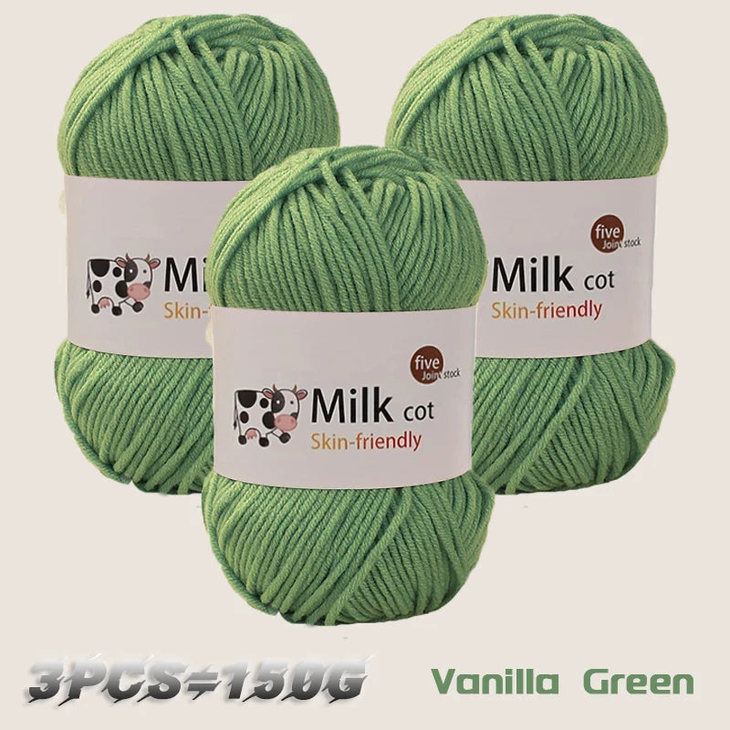 Three skeins of Vanilla Green milk cot skin-friendly acrylic yarn for knitting and crochet