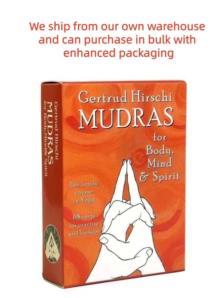 An orange box for the Gertrud Hirschi Mudras deck for body mind & spirit, showing hands in a yoga posture.