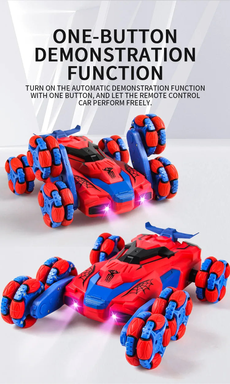 A red and blue remote control stunt car with lights and spray effect is shown next to a pair of blue and red remote controls.