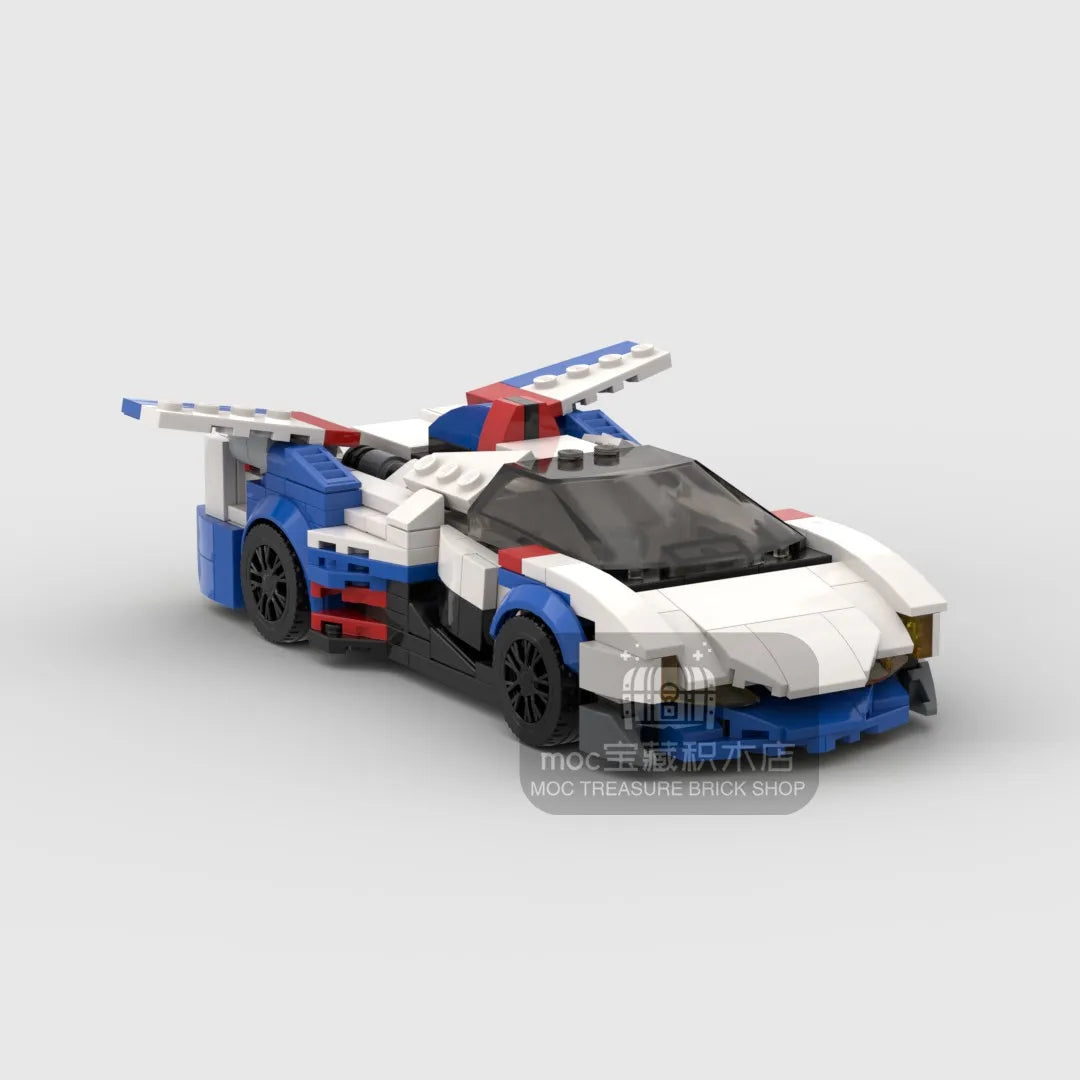 A detailed model of a classic supercar built from blue, white, and red building blocks.