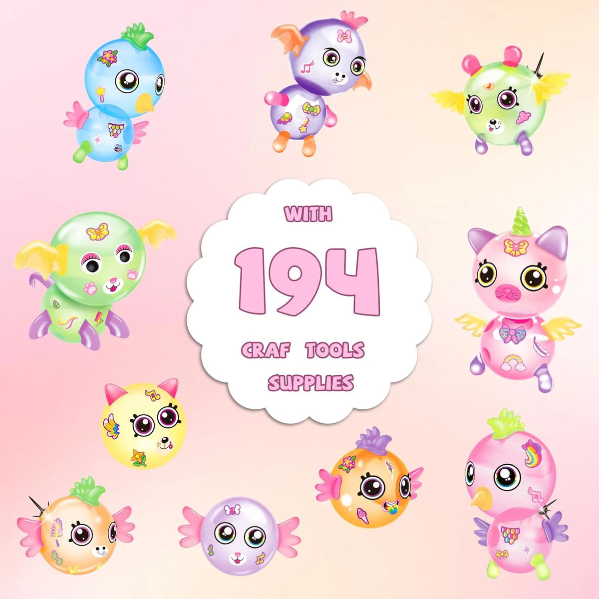 A collection of colorful balloon animals and craft supplies including various sized balloons and decorations.