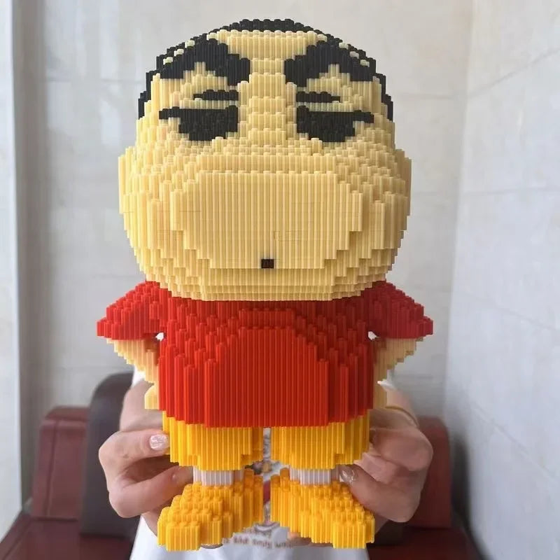 A detailed mini building blocks model kit of a character, featuring yellow skin and an orange shirt.