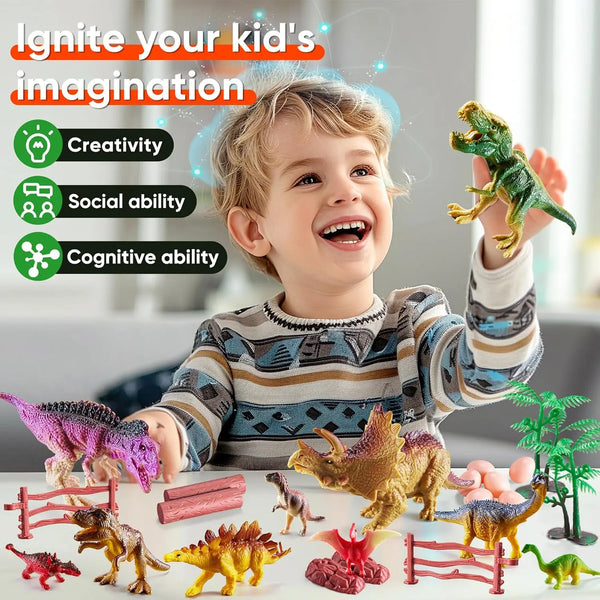 A young boy is playing with a 46-piece deluxe dinosaur figurines set, including various dinosaurs and prehistoric creatures.