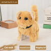 A fluffy orange plush cat toy with a wagging tail is shown on a white surface.