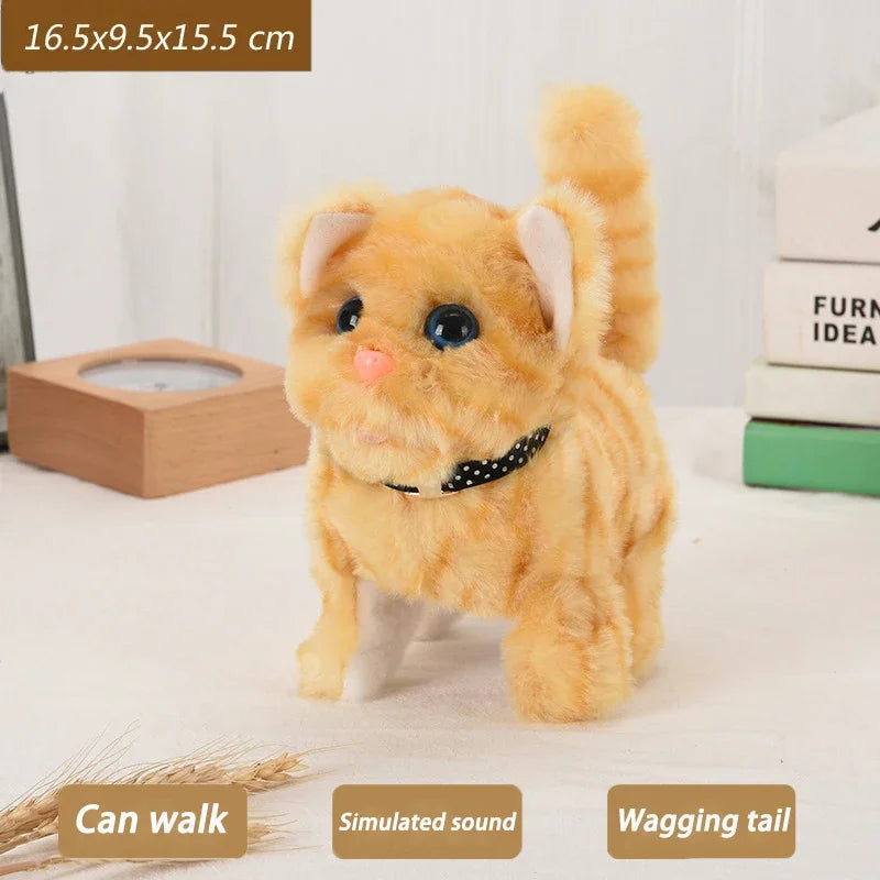 A fluffy orange plush cat toy with a wagging tail is shown on a white surface.