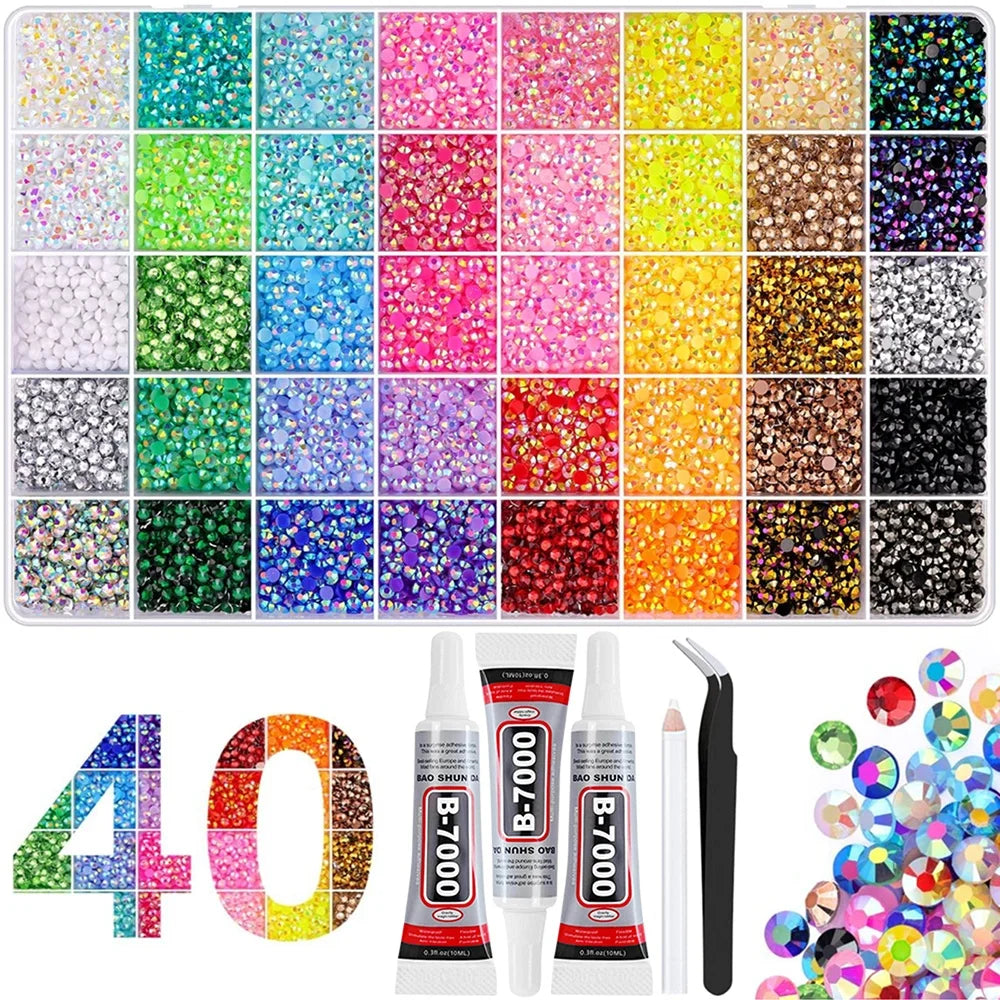 A grid of colorful rhinestone sheets and a set of B-7000 rhinestones for DIY crafts