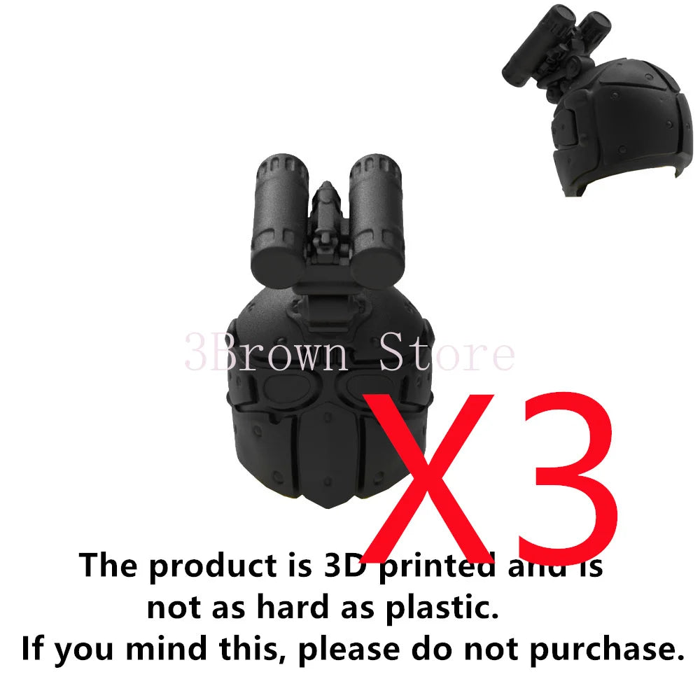 A black 3D printed military building block set with gun and helmet accessories.