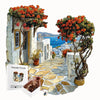 A jigsaw puzzle depicting a Mediterranean street scene with flowering vines and white buildings.