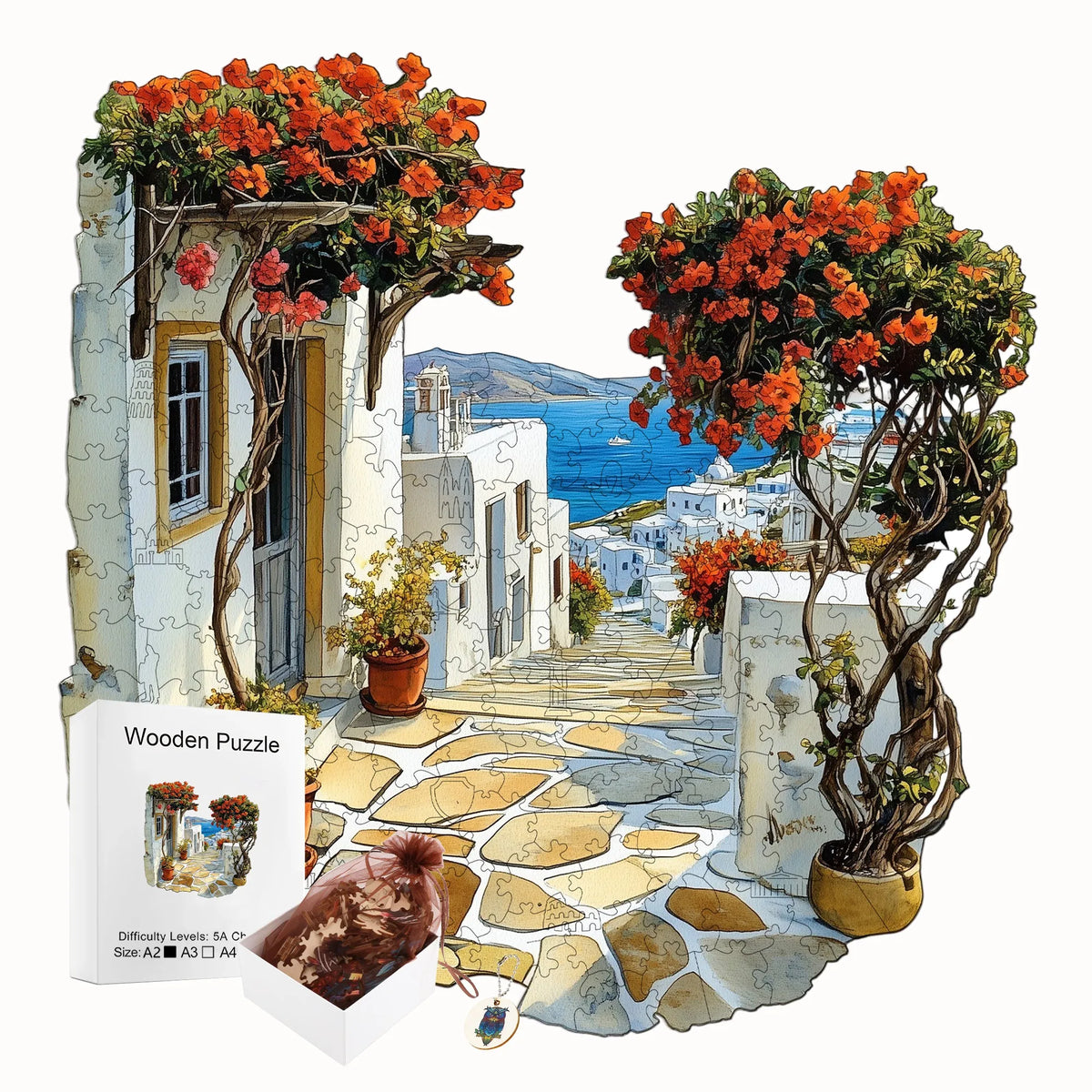 A jigsaw puzzle depicting a Mediterranean street scene with flowering vines and white buildings.